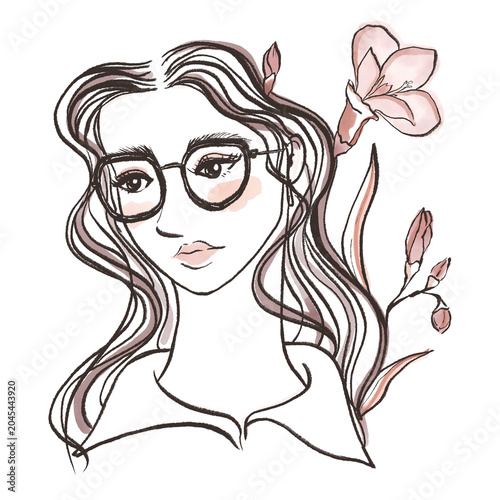 Schilderij op canvas Elegant Line Art Illustration of Beautiful Woman Portrait with Glasses and Flowe