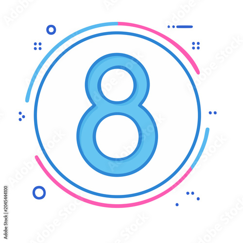 Blue number 8 icon with pink and blue circular accents