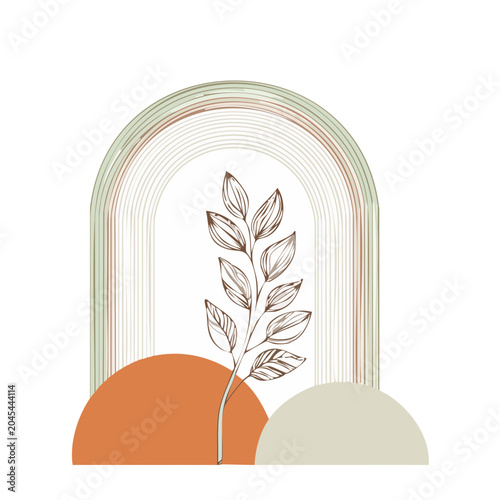 Boho illustration of a leaf branch with abstract shapes and arch