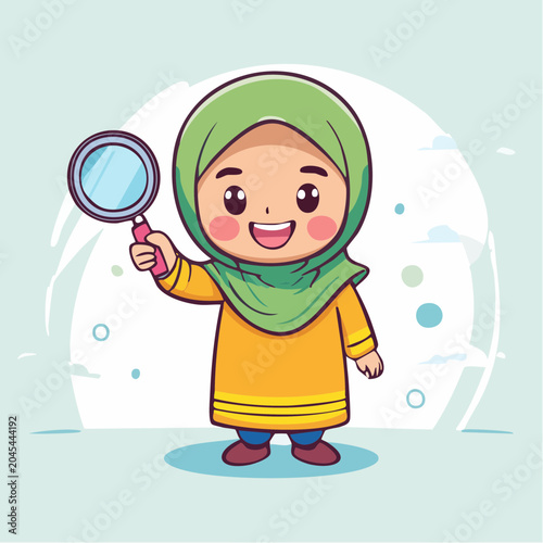 Cute cartoon girl in hijab holding a magnifying glass
