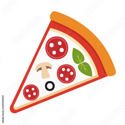 Flat illustration of a pizza slice with pepperoni, mushroom, and basil