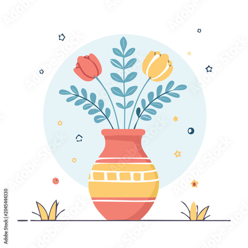 Flat illustration of a vase with tulips and leaves