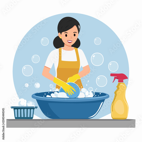 Woman washing dishes with soap and bubbles