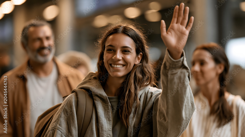 Obraz premium Woman Waving Goodbye at Airport: A young woman with a bright smile waves to someone as she navigates a busy airport, embarking on a new journey.