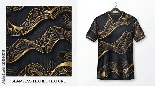 Premium sports jersey vector template in elegant black with luxury gold wave lines and abstract hexagonal patterns, perfect for exclusive team uniforms or trendy casual wear.