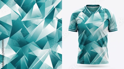 Professional sports jersey design template featuring a geometric abstract triangle pattern in teal, white, and grey, displaying a dynamic and sporty look for football or marathon team uniforms.