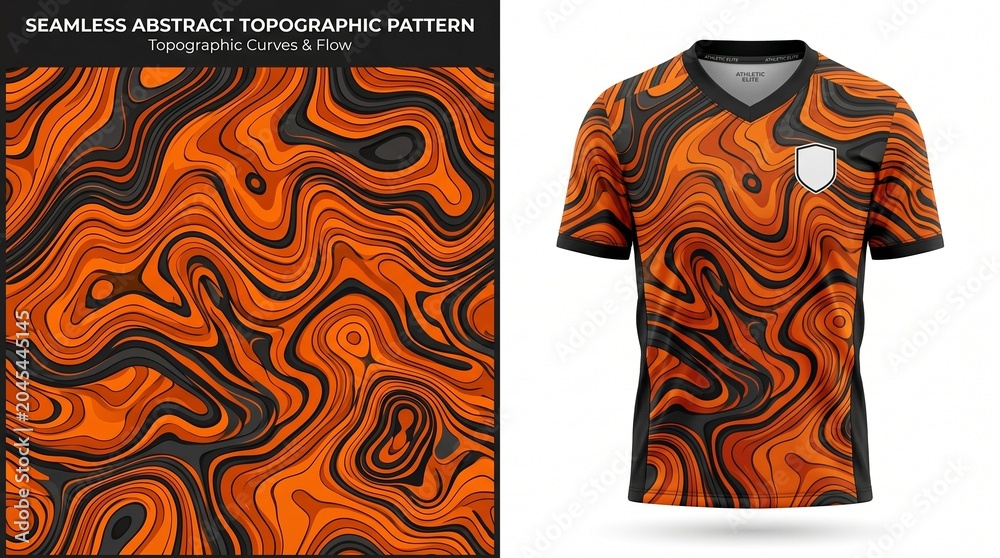 Fototapeta premium Professional sports jersey design template featuring an abstract liquid marble wave pattern in vibrant orange, black, and grey, delivering a bold, dynamic, and energetic look.