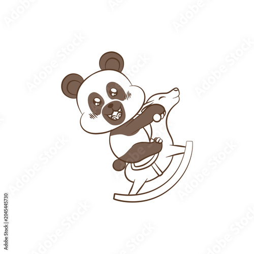 Cute Panda Character Riding a Rocking Horse Toy, Cartoon Illustration Isolated on White Background black and white Line Art for Coloring Book