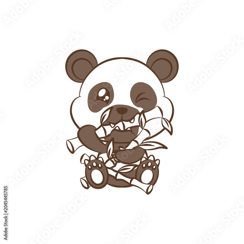 Cute Panda Character Eating Bamboo Vector Illustration - Kawaii Panda black and white Line Art for Coloring Book