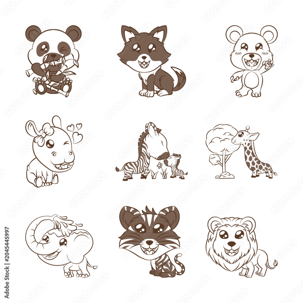 Obraz premium Set of 9 Cute Kawaii black n white line Animal Icons - Minimalist Brown Outline Safari and Zoo Animal Character Illustrations