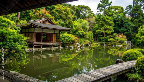 Tranquil pond reflection of an Asian style hut surrounded by lush greenery, seen through wooden beams