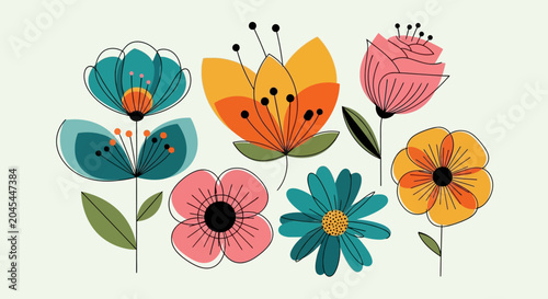 Vibrant Retro Floral Illustration with Teal, Orange, Pink Flowers