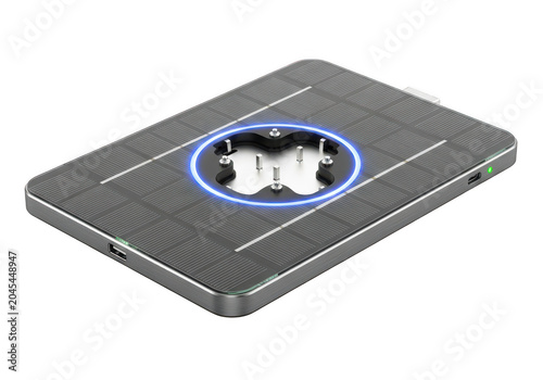 Flat portable solar power bank with charging indicators and inductive charging pad innovation for eco friendly devices.