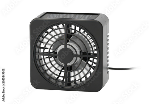 Portable solar powered fan with grill and power cord on a simple background.
