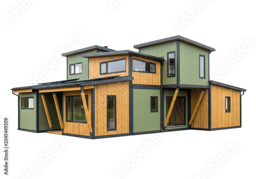 Modern house made of shipping containers with green and wooden accents, stylish eco friendly living.