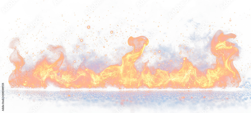 Obraz premium A horizontal band of orange and blue flames, accompanied by sparks, floats above a cool surface