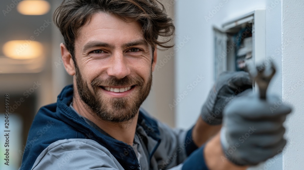 Obraz premium Skilled technician with tool in hand, confidently smiling while working on electrical panel