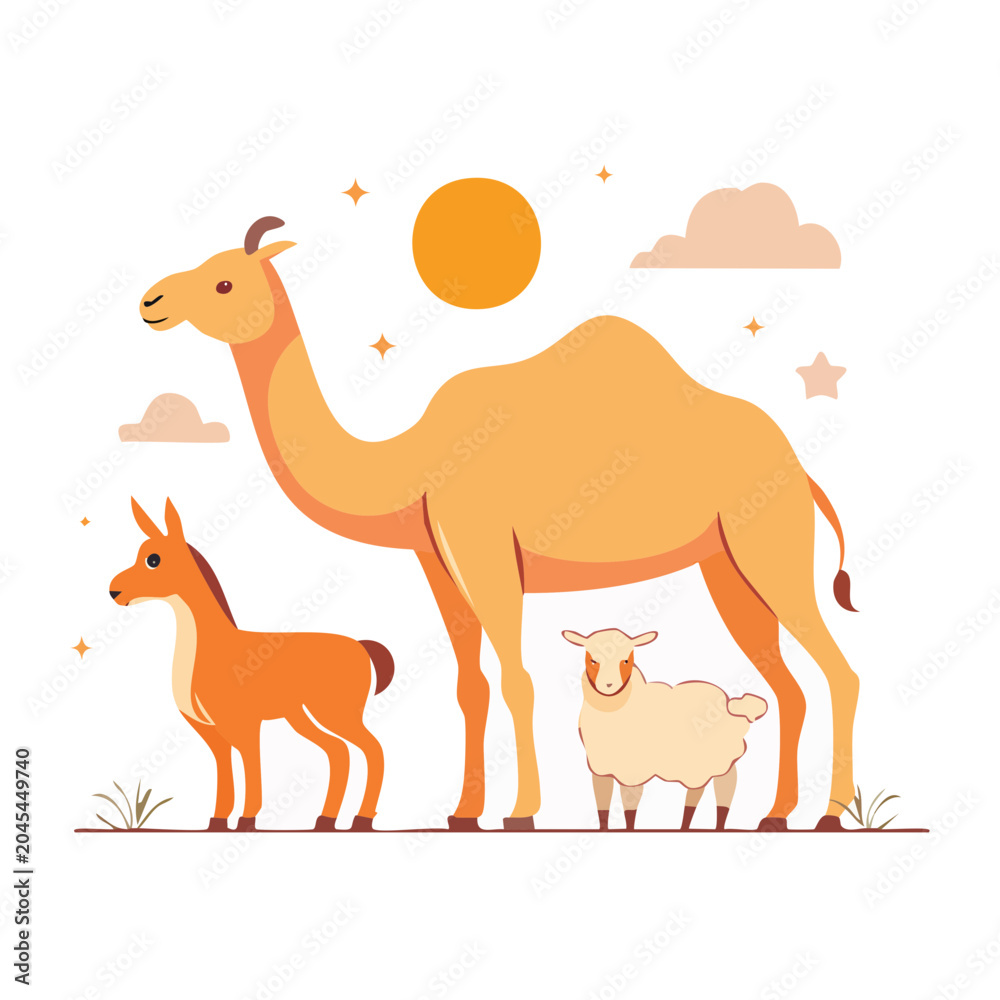 Fototapeta premium Flat design illustration of camel, llama and sheep
