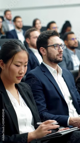 Diverse, attentive professionals in business attire seated in a modern auditorium, taking notes on tablets. Smooth dolly video and close-up transition. Corporate training and shared learning concept