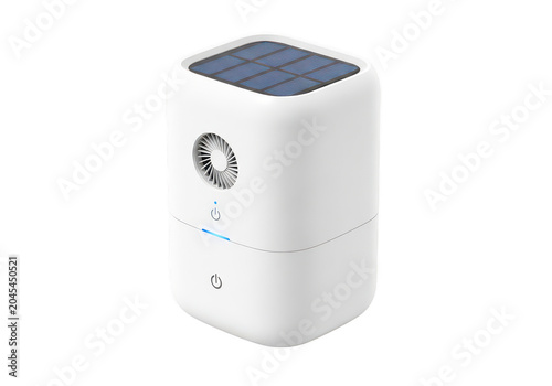 Compact white solar powered air purifier with fan and power buttons on transparent background.