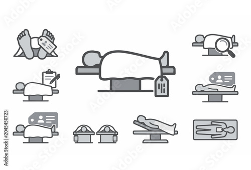 Billede på lærred Grey Dead Body with Identification Tag Morgue Table Medical Icon Vector Set