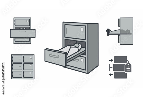 Vászonkép Grey Mortuary Chamber and Dead Body Icons Medical Forensic Morgue Vector Collect