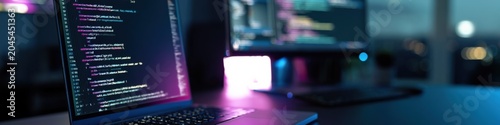 Close up of a laptop screen displaying code in a modern office with neon lighting