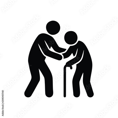 Person helping an elderly man with walking stick support and assistance.