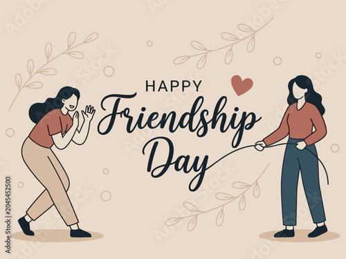 Obraz na płótnie Vector illustration of two women pulling a rope with friendship day typography a
