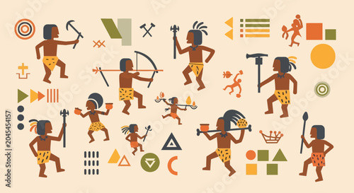 Ancient People Icons: Primitive Life, Tools and Symbols