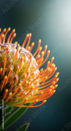 Vibrant orange pincushion protea flower with long stamens on dark background
