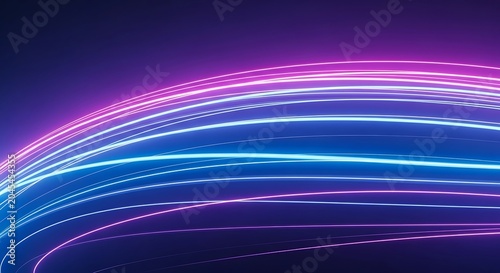 Vibrant pink and blue neon light trails arc across dark background creating dynamic motion effect