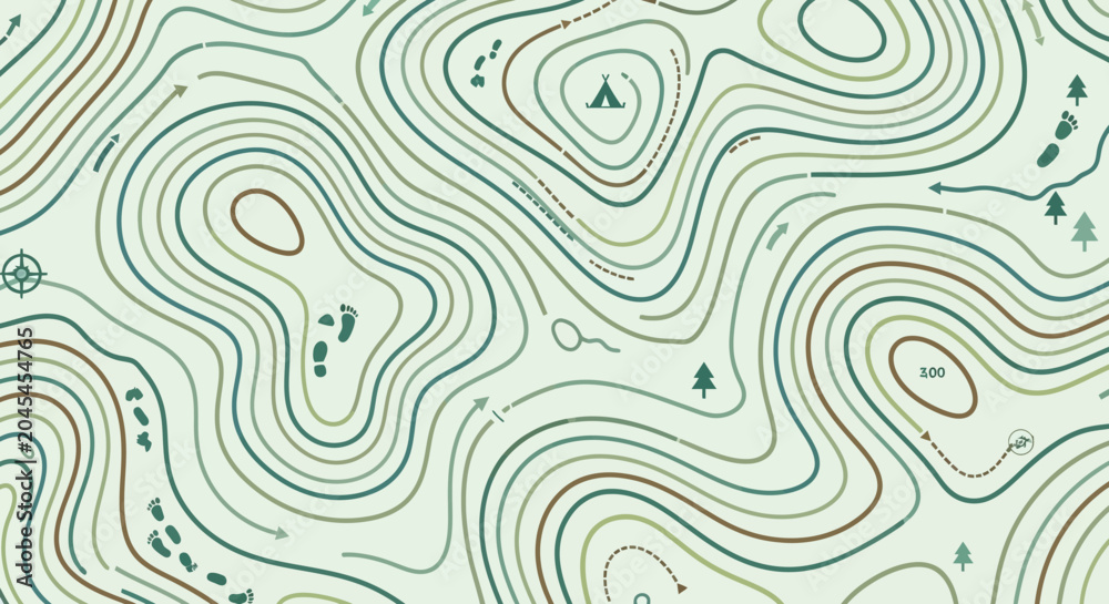 Fototapeta premium Topographic Map Pattern with Hiking Icons