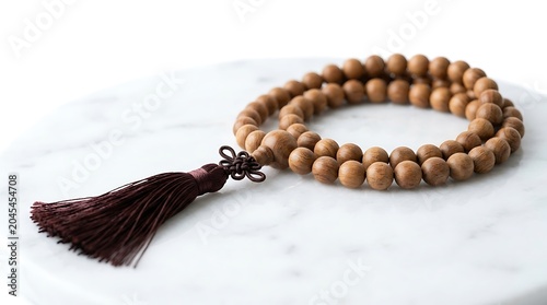 Wooden Buddhist Prayer Beads with Tassel on White Marble Surface