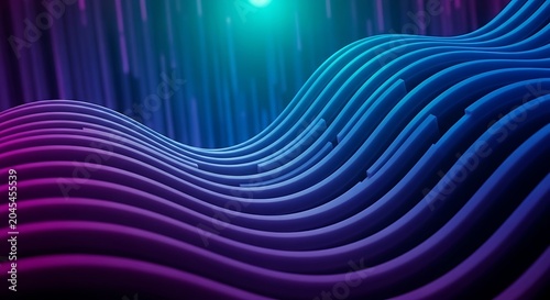 Vibrant wavy lines in purple and blue hues with neon green light source