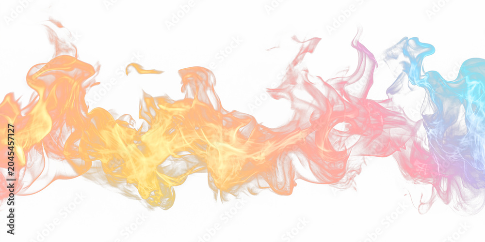 Fototapeta premium Abstract depiction of swirling, colorful smoke or flames against a grey backdrop, transitioning hues