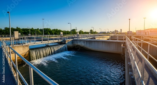 Water treatment plant with flowing water and metal railings at sunset