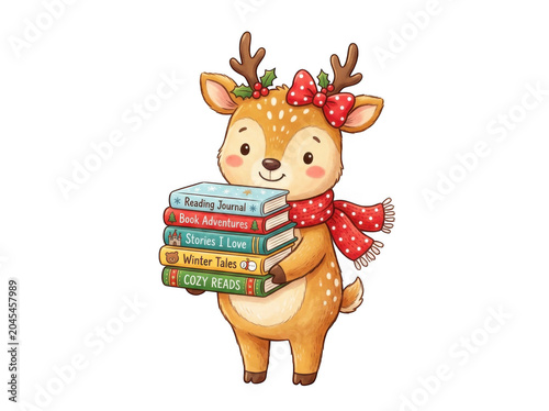 Cute cartoon reindeer holding stack of colorful books isolated on transparent background