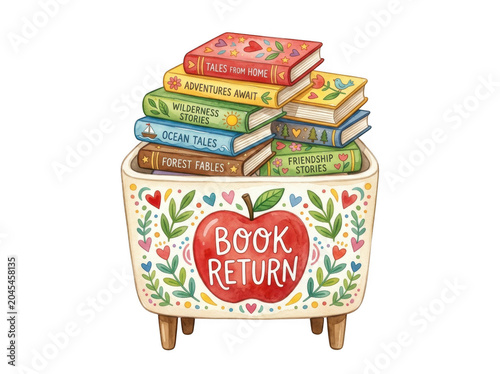 Colorful book return box with stack of books on top isolated on transparent background