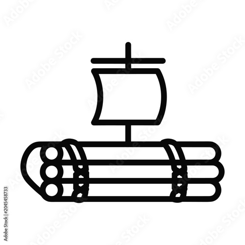 Simple line art vector icon of a wooden raft with a sail representing adventure travel and rustic water transportation concepts