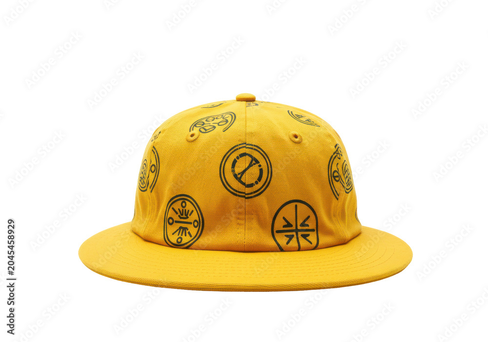Fototapeta premium Mustard yellow baseball cap with intricate graphic design isolated white background
