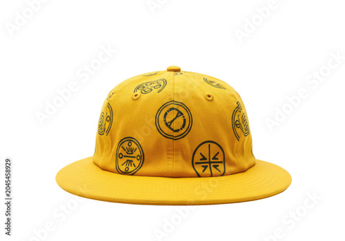 Mustard yellow baseball cap with intricate graphic design isolated white background