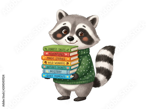 Raccoon wearing green sweater holding stack of colorful books isolated on transparent background