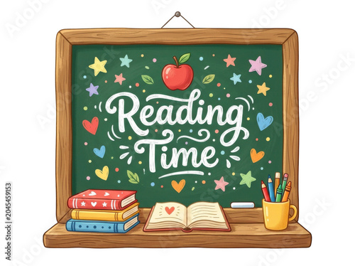 Colorful illustration of a reading time chalkboard with books and stationery isolated on transparent background