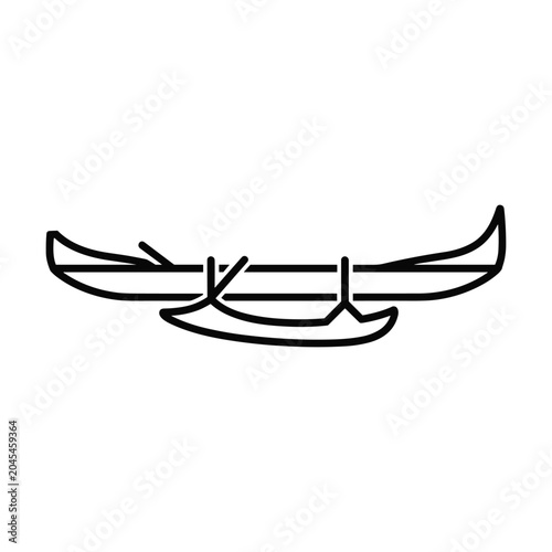 Obraz na płótnie Traditional outrigger canoe boat side view black line icon for indigenous waterc