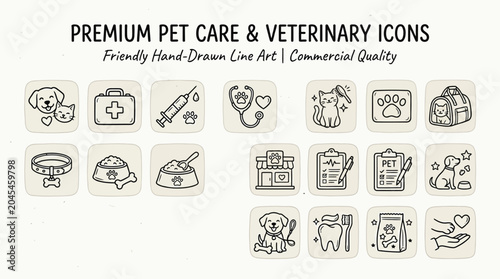 Konstfotografi Collection of premium, hand-drawn line art icons for pet care and veterinary services, representing health, treatment, and animal welfare