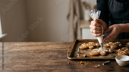 Decorating gingerbread cookies with white icing on wooden table