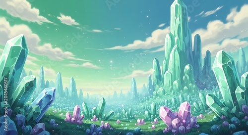Fantasy landscape with giant glowing crystals in a magical alien world.