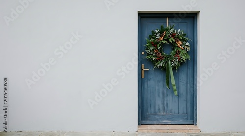 Blue wooden door with festive christmas wreath on white wall