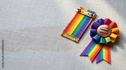 Pride equality badge and ribbon on textured fabric background